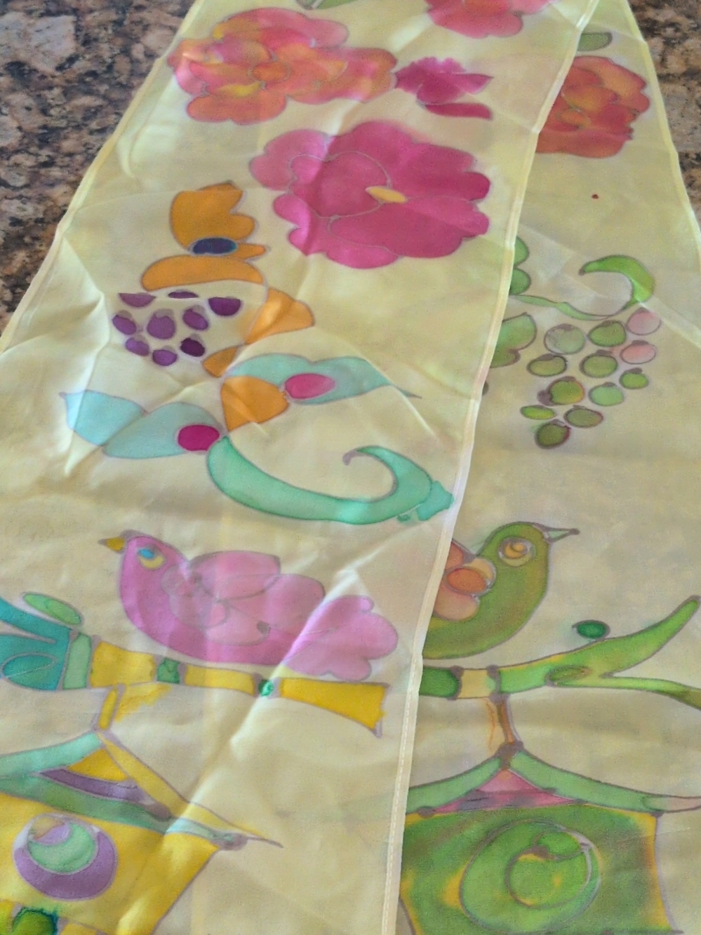 Hand-Painted Silk Scarf with Pink & Green Birds